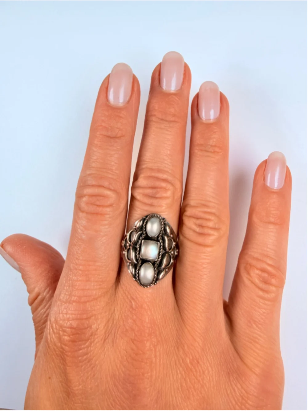 Modernist Armor Shield Ornate Freshwater Pearl 925 Sterling Silver Vintage Ring